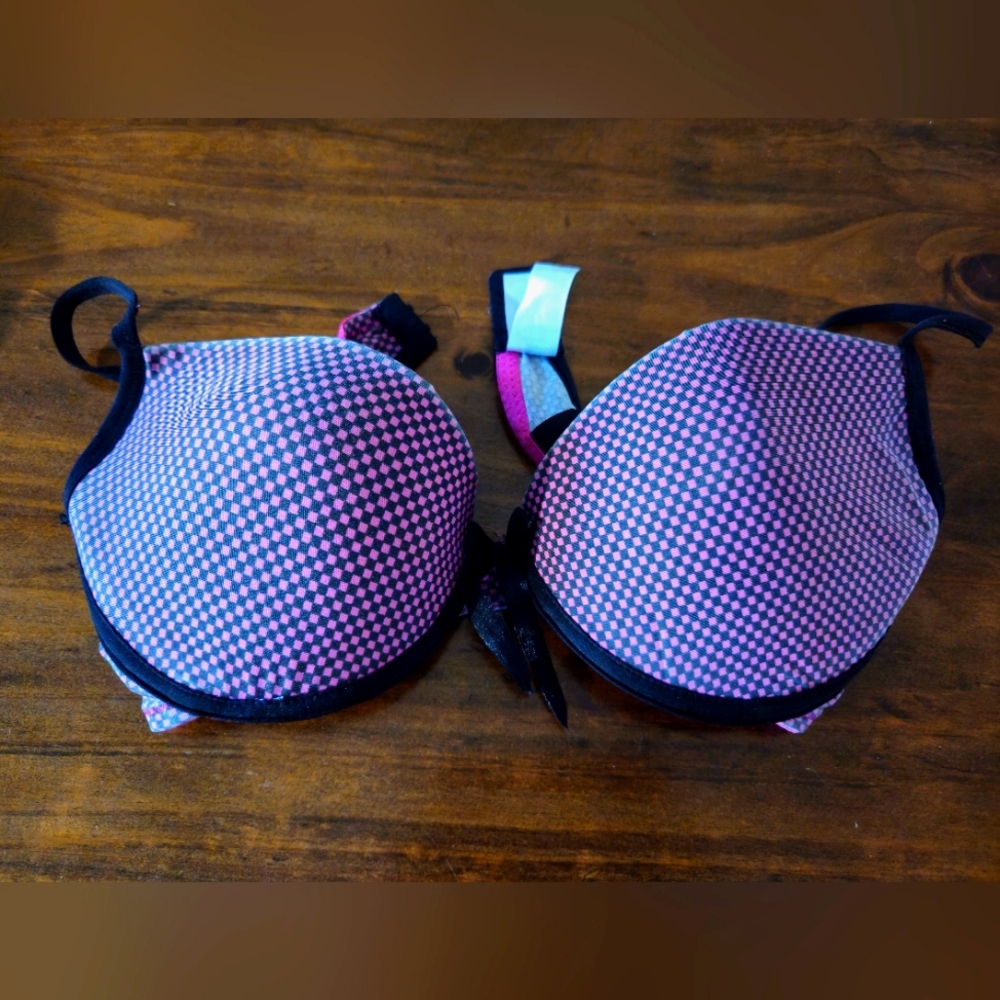 Pink & Black Checkered Creative Casuals 36C Bra w/ Bow | Y2K, 2000s, Scene, Emo